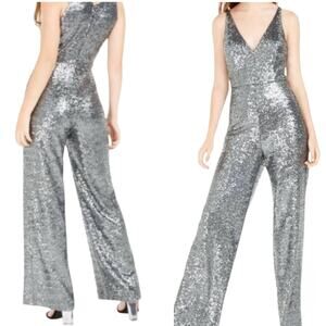 EMERALD SUNDAE Sequins Jumpsuit Silver V-Neck Sleeveless Pockets Cocktail 9 EUC